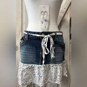 Upcycled Country Chic Denim Floral Skirt